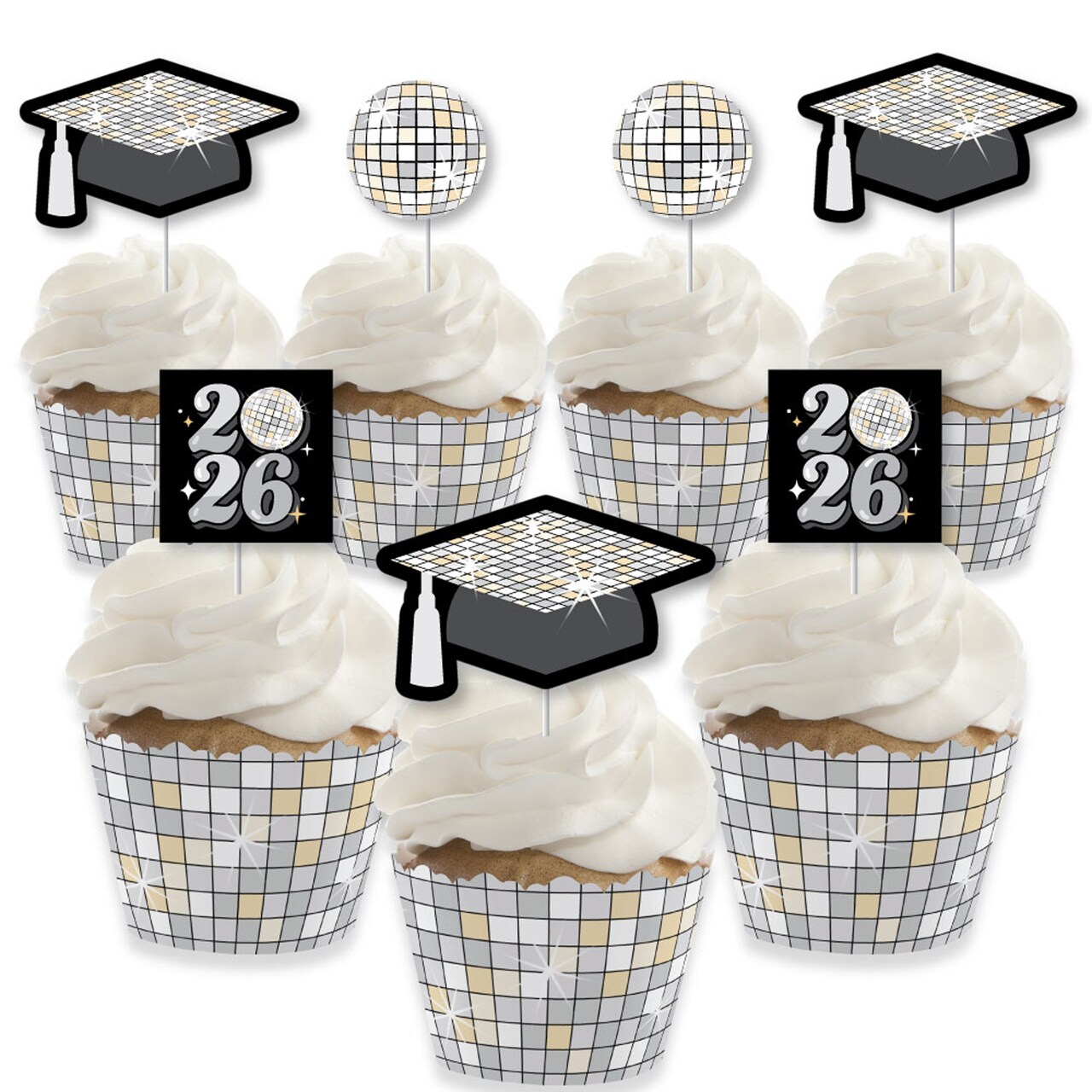 Big Dot of Happiness Disco Grad - Cupcake Decoration - 2026 Groovy Graduation Party Cupcake Wrappers and Treat Picks Kit - Set of 24